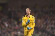 14 November 2017; Kasper Schmeichel of Denmark celebrates after Christian Eriksen scores their second goal during the FIFA 2018 World Cup Qualifier Play-off 2nd leg match between Republic of Ireland and Denmark at Aviva Stadium in Dublin. Photo by Eóin Noonan/Sportsfile