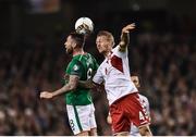 14 November 2017; Daryl Murphy of Republic of Ireland in action against Simon Kjær of Denmark during the FIFA 2018 World Cup Qualifier Play-off 2nd leg match between Republic of Ireland and Denmark at Aviva Stadium in Dublin.Photo by Seb Daly/Sportsfile