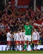 14 November 2017; Cyrus Christie of Republic of Ireland reacts after Christian Eriksen of Denmark scored his side's fourth goal during the FIFA 2018 World Cup Qualifier Play-off 2nd leg match between Republic of Ireland and Denmark at Aviva Stadium in Dublin. Photo by Stephen McCarthy/Sportsfile