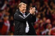 14 November 2017; Denmark manager Aage Hareide celebrates his side's third goal during the FIFA 2018 World Cup Qualifier Play-off 2nd leg match between Republic of Ireland and Denmark at Aviva Stadium in Dublin. Photo by Ramsey Cardy/Sportsfile
