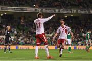 14 November 2017; Nicklas Bendtner of Denmark celebrates with Thomas Delaney of Denmark after scoring his side's fifth goal during the FIFA 2018 World Cup Qualifier Play-off 2nd leg match between Republic of Ireland and Denmark at Aviva Stadium in Dublin. Photo by Eóin Noonan/Sportsfile