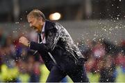14 November 2017; Denmark manager Aage Hareide celebrates after the FIFA 2018 World Cup Qualifier Play-off 2nd leg match between Republic of Ireland and Denmark at Aviva Stadium in Dublin. Photo by Ramsey Cardy/Sportsfile