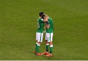14 November 2017; A dejected Robbie Brady of Republic of Ireland consoles team-mate Jeff Hendrick, right, after the FIFA 2018 World Cup Qualifier Play-off 2nd leg match between Republic of Ireland and Denmark at Aviva Stadium in Dublin. Photo by Brendan Moran/Sportsfile