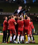 14 November 2017; Denmark players celebrate with their manager Aage Hareide after the FIFA 2018 World Cup Qualifier Play-off 2nd leg match between Republic of Ireland and Denmark at Aviva Stadium in Dublin. Photo by Eóin Noonan/Sportsfile