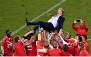 14 November 2017; Denmark manager Aage Hareide is thrown into the air by his players as they celebrate after the FIFA 2018 World Cup Qualifier Play-off 2nd leg match between Republic of Ireland and Denmark at Aviva Stadium in Dublin. Photo by Brendan Moran/Sportsfile