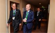 15 November 2017; Ireland 2023 Oversight Board chairman Dick Spring, left, Minister for Transport, Tourism and Sport Shane Ross, T.D. and IRFU President Philip Orr at the Rugby World Cup 2023 host union announcement at the Royal Garden Hotel, London, England.  Photo by Brendan Moran/Sportsfile