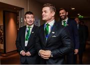 15 November 2017; Ireland 2023 bid ambassador Brian O’Driscoll and IRFU Commercial Director Padraig Power, left, at the Rugby World Cup 2023 host union announcement at the Royal Garden Hotel, London, England. Photo by Brendan Moran/Sportsfile