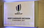 15 November 2017; A general view of the Rugby World Cup 2023 host union announcement at the Royal Garden Hotel, London, England. Photo by Brendan Moran/Sportsfile