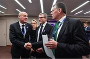 15 November 2017; President of the Fédération Française de Rugby Bernard Laporte, left, is congratulated by IRFU chief executive Philip Browne after the Rugby World Cup 2023 host union announcement at the Royal Garden Hotel, London, England.  Photo by Brendan Moran/Sportsfile