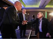 15 November 2017; IRFU President Philip Orr congratulates President of the Fédération Française de Rugby Bernard Laporte during the Rugby World Cup 2023 host union announcement at the Royal Garden Hotel, London, England. Photo by Dave Rogers / World Rugby via Sportsfile
