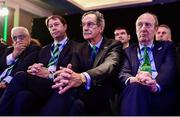 15 November 2017; Ireland 2023 Oversight Board chairman Dick Spring, and Minister for Transport, Tourism and Sport Shane Ross, T.D., right, react during the Rugby World Cup 2023 host union announcement at the Royal Garden Hotel, London, England. Photo by Alex Broadway / World Rugby via Sportsfile