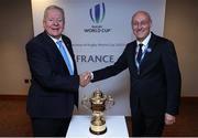 15 November 2017; World Rugby chairman Bill Beaumont, left, with President of the Fédération Française de Rugby Bernard Laporte after the Rugby World Cup 2023 host union announcement at the Royal Garden Hotel, London, England. Photo by Dave Rogers / World Rugby via Sportsfile
