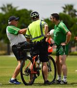 16 November 2017; Selector Darragh O Sé and manager Joe Kernan are 'challenged' by Eddie Wilson, from Belfast, a Senior Constable, Bicycle Patrol, Perth Police Station, Western Australia Police, during Ireland International Rules Squad training at Langley Park, Perth, Australia Photo by Ray McManus/Sportsfile