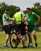 16 November 2017; Selector Darragh O Sé and manager Joe Kernan are 'challenged' by Eddie Wilson, from Belfast, a Senior Constable, Bicycle Patrol, Perth Police Station, Western Australia Police, during Ireland International Rules Squad training at Langley Park, Perth, Australia Photo by Ray McManus/Sportsfile