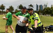16 November 2017; Manager Joe Kernan with Eddie Wilson, from Belfast, a Senior Constable, Bicycle Patrol, Perth Police Station, Western Australia Police, and selector Darragh O Sé, to the left, during Ireland International Rules Squad training at Langley Park, Perth, Australia Photo by Ray McManus/Sportsfile