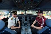 17 November 2017; Galway hurler Joe Canning with Aer Lingus captain Brian Rush in the cockpit as they departed Dublin Airport for Boston onboard Aer Lingus flight EI 137. Aer Lingus, official airline of the AIG Fenway Hurling Classic and Irish Festival, has been serving Boston since 1958 and is thrilled to once again be supporting this unique cultural and sporting event, bringing 130 hurlers to Boston’s iconic Fenway Park. Games will be broadcast on TG4 on November 19th with Dublin v Galway in the first semi-final followed by Clare v Tipperary in the second semi-final. Photo by Brendan Moran/Sportsfile