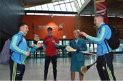 17 November 2017; Clare hurlers David Reidy, Peter Duggan and David McInerney, along with Aer Lingus Senior Cabin Crew member Lesley Murphy, puck around before departing Shannon Airport for Boston today onboard Aer Lingus flight EI135. Aer Lingus, official airline of the AIG Fenway Hurling Classic and Irish Festival, has been serving Boston since 1958 and is thrilled to once again be supporting this unique cultural and sporting event, bringing 130 hurlers to Boston’s iconic Fenway Park. Games will be broadcast on TG4 on November 19th with Dublin v Galway in the first semi-final followed by Clare v Tipperary in the second semi-final. Photo by Diarmuid Greene/Sportsfile