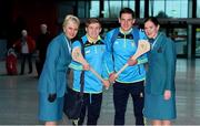 17 November 2017; Clare hurlers Padraic Collins and John Conlon, along with Aer Lingus Senior Cabin Crew members Lesley Murphy, left, and Grainne Frawley, departed Shannon Airport for Boston today onboard Aer Lingus flight EI135. Aer Lingus, official airline of the AIG Fenway Hurling Classic and Irish Festival, has been serving Boston since 1958 and is thrilled to once again be supporting this unique cultural and sporting event, bringing 130 hurlers to Boston’s iconic Fenway Park. Games will be broadcast on TG4 on November 19th with Dublin v Galway in the first semi-final followed by Clare v Tipperary in the second semi-final. Photo by Diarmuid Greene/Sportsfile