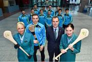 17 November 2017; Clare hurler David McInerney and team-mates, along with Mike Moloney, Aer Lingus Ground Operations, and Aer Lingus Senior Cabin Crew members Lesley Murphy, left, and Grainne Frawley, departed Shannon Airport for Boston today onboard Aer Lingus flight EI135. Aer Lingus, official airline of the AIG Fenway Hurling Classic and Irish Festival, has been serving Boston since 1958 and is thrilled to once again be supporting this unique cultural and sporting event, bringing 130 hurlers to Boston’s iconic Fenway Park. Games will be broadcast on TG4 on November 19th with Dublin v Galway in the first semi-final followed by Clare v Tipperary in the second semi-final. Photo by Diarmuid Greene/Sportsfile