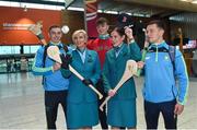 17 November 2017; Clare hurlers David McInerney, Peter Duggan, and David Reidy, along with Aer Lingus Senior Cabin Crew members Lesley Murphy, left, and Grainne Frawley, departed Shannon Airport for Boston today onboard Aer Lingus flight EI135. Aer Lingus, official airline of the AIG Fenway Hurling Classic and Irish Festival, has been serving Boston since 1958 and is thrilled to once again be supporting this unique cultural and sporting event, bringing 130 hurlers to Boston’s iconic Fenway Park. Games will be broadcast on TG4 on November 19th with Dublin v Galway in the first semi-final followed by Clare v Tipperary in the second semi-final. Photo by Diarmuid Greene/Sportsfile
