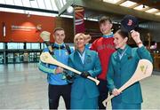 17 November 2017; Clare hurlers David McInerney and Peter Duggan, along with Aer Lingus Senior Cabin Crew members Lesley Murphy, left, and Grainne Frawley, departed Shannon Airport for Boston today onboard Aer Lingus flight EI135. Aer Lingus, official airline of the AIG Fenway Hurling Classic and Irish Festival, has been serving Boston since 1958 and is thrilled to once again be supporting this unique cultural and sporting event, bringing 130 hurlers to Boston’s iconic Fenway Park. Games will be broadcast on TG4 on November 19th with Dublin v Galway in the first semi-final followed by Clare v Tipperary in the second semi-final. Photo by Diarmuid Greene/Sportsfile