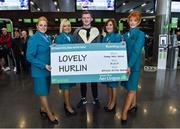 17 November 2017; Galway hurlers departed Dublin Airport for Boston today onboard Aer Lingus flight EI137. Aer Lingus, official airline of the AIG Fenway Hurling Classic and Irish Festival, has been serving Boston since 1958 and is thrilled to once again be supporting this unique cultural and sporting event, bringing 130 hurlers to Boston’s iconic Fenway Park. Games will be broadcast on TG4 on November 19th with Dublin v Galway in the first semi-final followed by Clare v Tipperary in the second semi-final. Pictured is Galway hurler Joe Canning with Aer Lingus cabin crew, from left, Monica Bermejo, Doreen Crotty, Jackie Bailey and Olive Bohan. Photo by Ramsey Cardy/Sportsfile