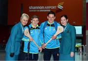 17 November 2017; Clare hurlers Padraic Collins and John Conlon, along with Aer Lingus Senior Cabin Crew members Lesley Murphy, left, and Grainne Frawley, departed Shannon Airport for Boston today onboard Aer Lingus flight EI135. Aer Lingus, official airline of the AIG Fenway Hurling Classic and Irish Festival, has been serving Boston since 1958 and is thrilled to once again be supporting this unique cultural and sporting event, bringing 130 hurlers to Boston’s iconic Fenway Park. Games will be broadcast on TG4 on November 19th with Dublin v Galway in the first semi-final followed by Clare v Tipperary in the second semi-final. Photo by Diarmuid Greene/Sportsfile