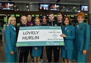 17 November 2017; Galway hurlers departed Dublin Airport for Boston today onboard Aer Lingus flight EI137. Aer Lingus, official airline of the AIG Fenway Hurling Classic and Irish Festival, has been serving Boston since 1958 and is thrilled to once again be supporting this unique cultural and sporting event, bringing 130 hurlers to Boston’s iconic Fenway Park. Games will be broadcast on TG4 on November 19th with Dublin v Galway in the first semi-final followed by Clare v Tipperary in the second semi-final. Pictured are Aer Lingus cabin crew, from left, Doreen Crotty, Monica Bermejo, Jackie Bailey and Olive Bohan, with Galway manager Micheál Donoghue, Gearóid McInerney, Cyril Donnellan, Adrian Tuohy and Joe Canning. Photo by Ramsey Cardy/Sportsfile