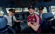 17 November 2017; Galway hurler Joe Canning with Aer Lingus captain Brian Rush, left, and First Officer Kevin Daly in the cockpit as they departed Dublin Airport for Boston onboard Aer Lingus flight EI 137. Aer Lingus, official airline of the AIG Fenway Hurling Classic and Irish Festival, has been serving Boston since 1958 and is thrilled to once again be supporting this unique cultural and sporting event, bringing 130 hurlers to Boston’s iconic Fenway Park. Games will be broadcast on TG4 on November 19th with Dublin v Galway in the first semi-final followed by Clare v Tipperary in the second semi-final. Photo by Brendan Moran/Sportsfile