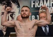 17 November 2017; Carl Frampton weighs in ahead of his Featherweight bout with Horacio Garcia on Saturday at the Clayton Hotel in Belfast. Photo by Oliver McVeigh/Sportsfile