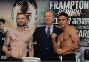 17 November 2017; Carl Frampton and Horacio Garcia during the weigh-in along with Promoter Frank Warren ahead of their Featherweight bout on Saturday at the Clayton Hotel in Belfast. Photo by Oliver McVeigh/Sportsfile