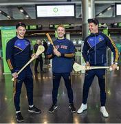 17 November 2017; The Tipperary hurlers departed Dublin Airport for Boston today onboard Aer Lingus flight EI 139. Aer Lingus, official airline of the AIG Fenway Hurling Classic and Irish Festival, has been serving Boston since 1958 and is thrilled to once again be supporting this unique cultural and sporting event, bringing 130 hurlers to Boston’s iconic Fenway Park. Games will be broadcast on TG4 on November 19th with Dublin v Galway in the first semi-final followed by Clare v Tipperary in the second semi-final. Pictured are Tipperary's Mikey Breen, Noel McGrath and Seamus Callanan. Photo by Ramsey Cardy/Sportsfile