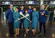 17 November 2017; The Tipperary hurlers departed Dublin Airport for Boston today onboard Aer Lingus flight EI 139. Aer Lingus, official airline of the AIG Fenway Hurling Classic and Irish Festival, has been serving Boston since 1958 and is thrilled to once again be supporting this unique cultural and sporting event, bringing 130 hurlers to Boston’s iconic Fenway Park. Games will be broadcast on TG4 on November 19th with Dublin v Galway in the first semi-final followed by Clare v Tipperary in the second semi-final. Pictured are Tipperary's Mikey Breen, Noel McGrath and Seamus Callanan with Aer Lingus cabin crew Darryl Sheridan, Cara Sisk, Alison Moran and Bernice Rocca Photo by Ramsey Cardy/Sportsfile