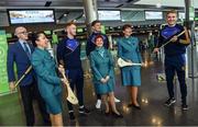 17 November 2017; The Tipperary hurlers departed Dublin Airport for Boston today onboard Aer Lingus flight EI 139. Aer Lingus, official airline of the AIG Fenway Hurling Classic and Irish Festival, has been serving Boston since 1958 and is thrilled to once again be supporting this unique cultural and sporting event, bringing 130 hurlers to Boston’s iconic Fenway Park. Games will be broadcast on TG4 on November 19th with Dublin v Galway in the first semi-final followed by Clare v Tipperary in the second semi-final. Pictured are Tipperary's Mikey Breen, Noel McGrath and Seamus Callanan with Aer Lingus cabin crew Darryl Sheridan, Cara Sisk, Alison Moran and Bernice Rocca Photo by Ramsey Cardy/Sportsfile