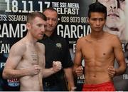 17 November 2017; Paddy Barnes and Eliecer Quezada during the weigh-in ahead of their vacant WBO Intercontinental Flyweight bout on Saturday at the Clayton Hotel in Belfast. Photo by Oliver McVeigh/Sportsfile