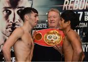 17 November 2017; Jamie Conlan and Jerwin Ancajas along with Promoter Frank Warren during the weigh-in ahead of their IBF World Super Flyweigh Championship bout on Saturday at the Clayton Hotel in Belfast. Photo by Oliver McVeigh/Sportsfile