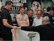 17 November 2017; Paddy Barnes is shielded during the weigh-in ahead of his vacant WBO intercontinental flyweight bout with Eliecer Quezada on Saturday at the Clayton Hotel in Belfast. Photo by Oliver McVeigh/Sportsfile