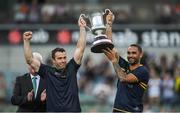 18 November 2017; Australian manager Chris Scott, left, and captain Shaun Burgoyne lift Cormac McAnallen Cup after the Virgin Australia International Rules Series 2nd test at the Domain Stadium in Perth, Australia. Photo by Ray McManus/Sportsfile