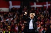14 November 2017; Denmark manager Aage Hareide celebrates a goal during the FIFA 2018 World Cup Qualifier Play-off 2nd leg match between Republic of Ireland and Denmark at Aviva Stadium in Dublin. Photo by Ramsey Cardy/Sportsfile