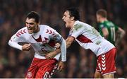 14 November 2017; Andreas Christensen of Denmark celebrates with Thomas Delaney, right, after scoring his side's first goal during the FIFA 2018 World Cup Qualifier Play-off 2nd leg match between Republic of Ireland and Denmark at Aviva Stadium in Dublin. Photo by Ramsey Cardy/Sportsfile
