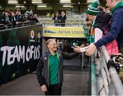 18 November 2017; Ireland head coach Joe Schmidt is greeted by supporters prior to the Guinness Series International match between Ireland and Fiji at the Aviva Stadium in Dublin. Photo by Seb Daly/Sportsfile