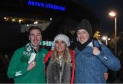 18 November 2017; Ireland supporters, from left, Brian McCarthy, Eve Watton and John Francis McCarthy, all from Belfast, prior to the Guinness Series International match between Ireland and Fiji at the Aviva Stadium in Dublin. Photo by Eóin Noonan/Sportsfile