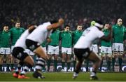 18 November 2017; Joey Carbery of Ireland stands with team mates during the Fijian Cibi prior to the Guinness Series International match between Ireland and Fiji at the Aviva Stadium in Dublin. Photo by Eóin Noonan/Sportsfile