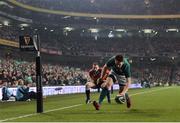 18 November 2017; Darren Sweetnam of Ireland goes over to score his side's first try during the Guinness Series International match between Ireland and Fiji at the Aviva Stadium in Dublin. Photo by Eóin Noonan/Sportsfile