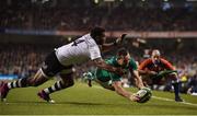 18 November 2017; Dave Kearney of Ireland scores his side's second try despite the tackle of Timoci Nagusa of Fiji during the Guinness Series International match between Ireland and Fiji at the Aviva Stadium in Dublin. Photo by Seb Daly/Sportsfile