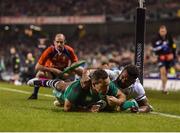 18 November 2017; Dave Kearney of Ireland scores his side's second try despite the tackle of Timoci Nagusa of Fiji during the Guinness Series International match between Ireland and Fiji at the Aviva Stadium in Dublin. Photo by Seb Daly/Sportsfile