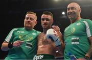 18 November 2017; David Oliver Joyce with coach Pete Taylor and cutman Andy O'Neill, left, following his bout at the SSE Arena in Belfast. Photo by Ramsey Cardy/Sportsfile