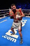 18 November 2017; Jono Carroll celebrates after defeating Humberto De Santiago in their IBF Intercontinental super featherweight title bout at the SSE Arena in Belfast. Photo by Ramsey Cardy/Sportsfile
