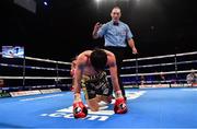 18 November 2017; Jamie Conlan recovers from a knock down by Jerwin Ancajas during their IBF World super flyweight Title bout at the SSE Arena in Belfast. Photo by Ramsey Cardy/Sportsfile
