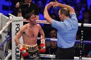 18 November 2017; Jamie Conlan is  stopped by Referee Steve Gray from continuing during his IBF World super flyweight Title bout with Jerwin Ancajas at the SSE Arena in Belfast. Photo by David Fitzgerald/Sportsfile